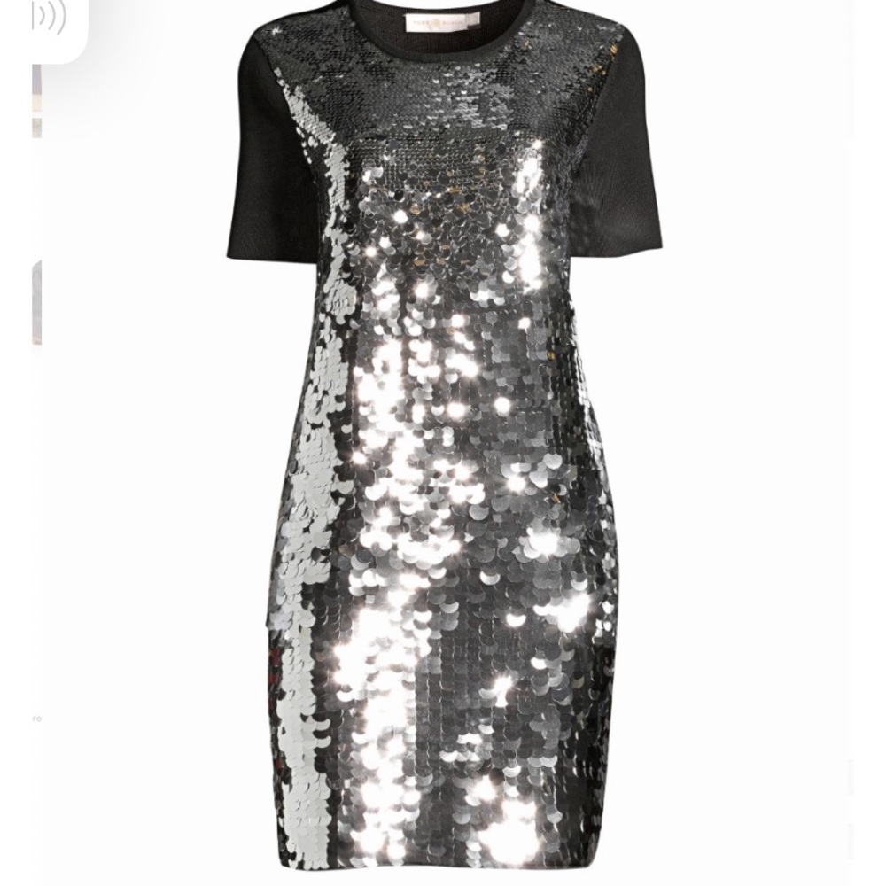TORY BURCH CASUAL GLAM SEQUIN EMBROIDERED SWEATER DRESS IN BLACK SIZE SMALL